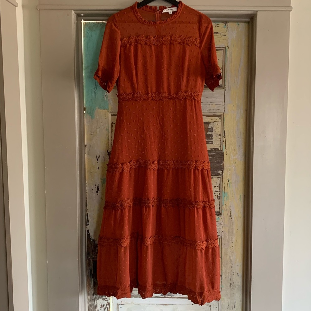 bohemian rust colored midi dress